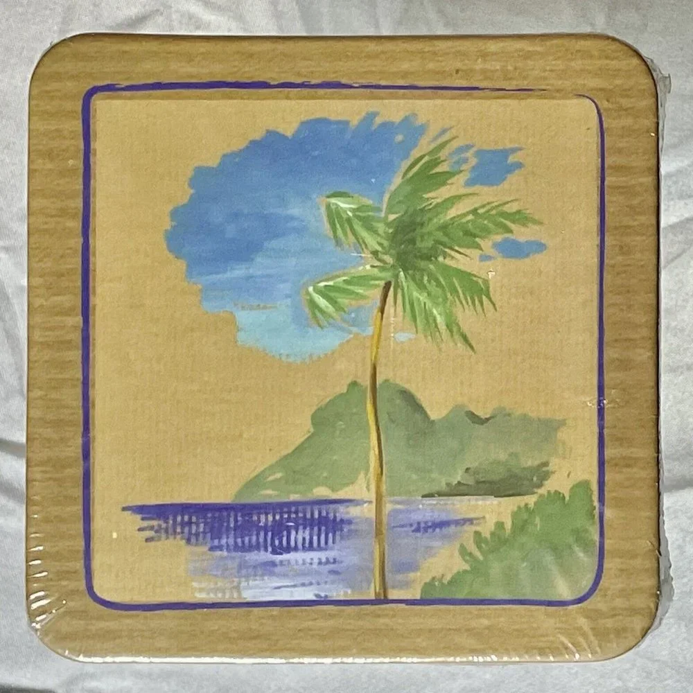 Set of 8 Drink Coasters On The Beach Sur La Plage 4 Designs Palm Tree Birds